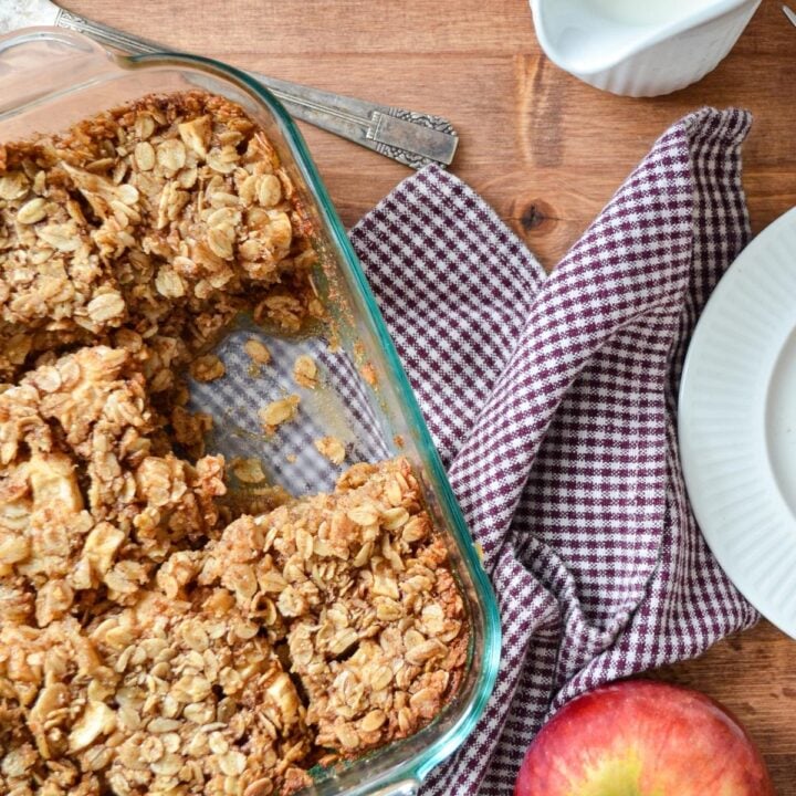 A baking dish full of baked oatmeal.