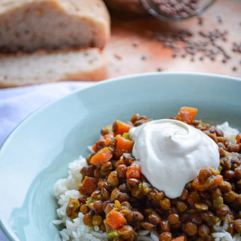 These flavorful Curry and Masala Lentils are a great meatless option for lunch or even supper! Served over hot cooked rice they make a complete meal, loaded with veggies and spiced perfectly. This is the BEST way to eat lentils!