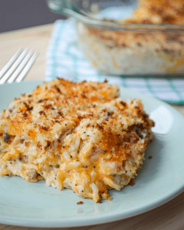 A serving of Poppy Seed Chicken & Rice Casserole on a plate.