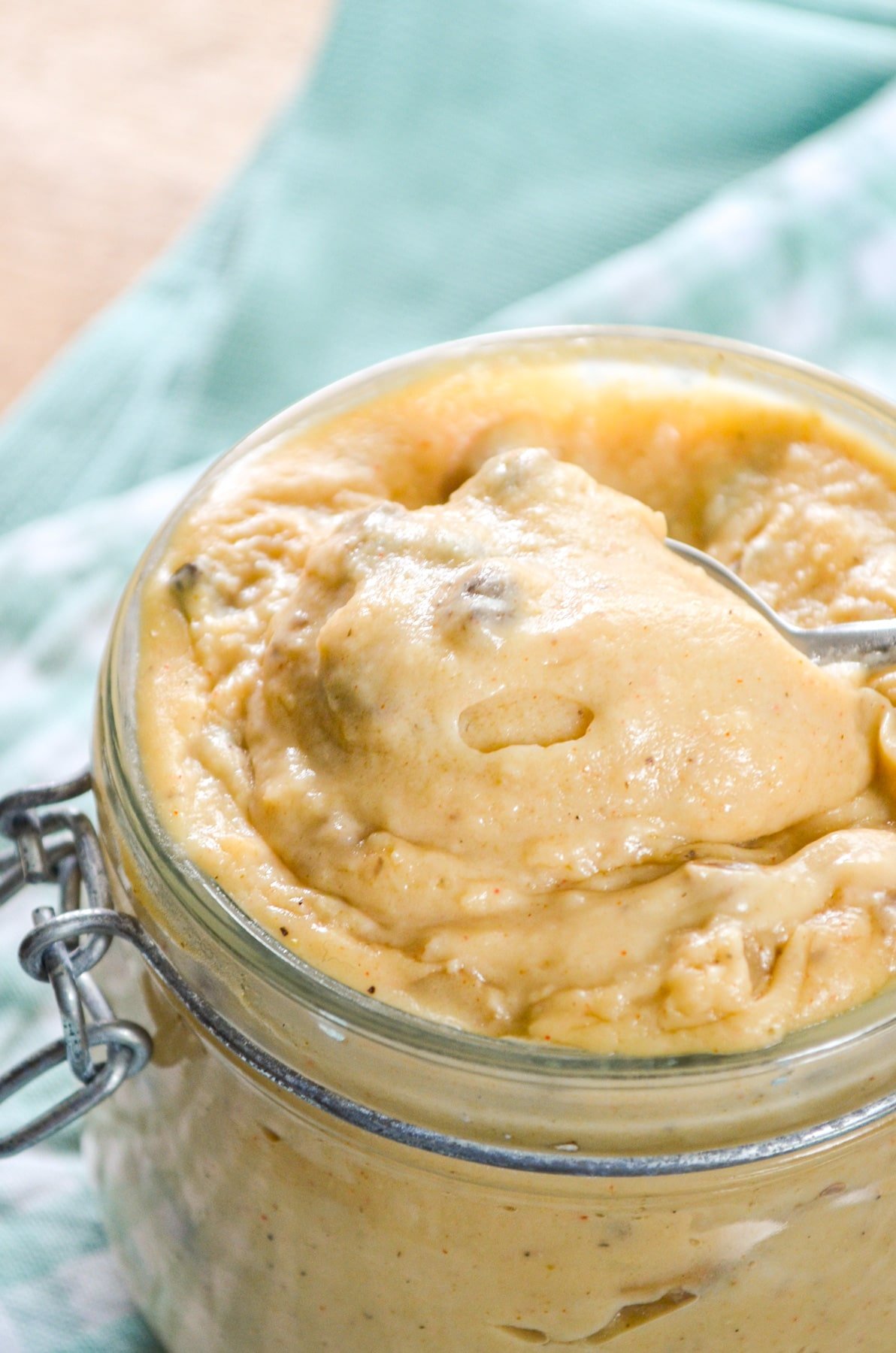 A jar of condensed soup made at home.