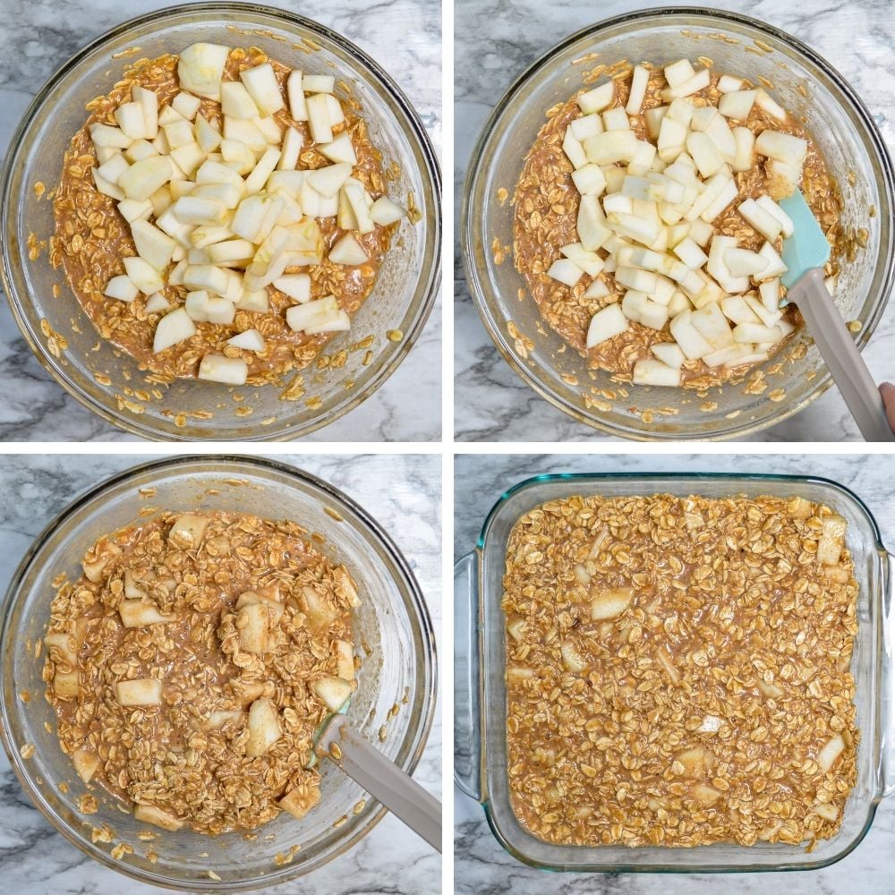 Adding chopped apples to a baked oatmeal batter.