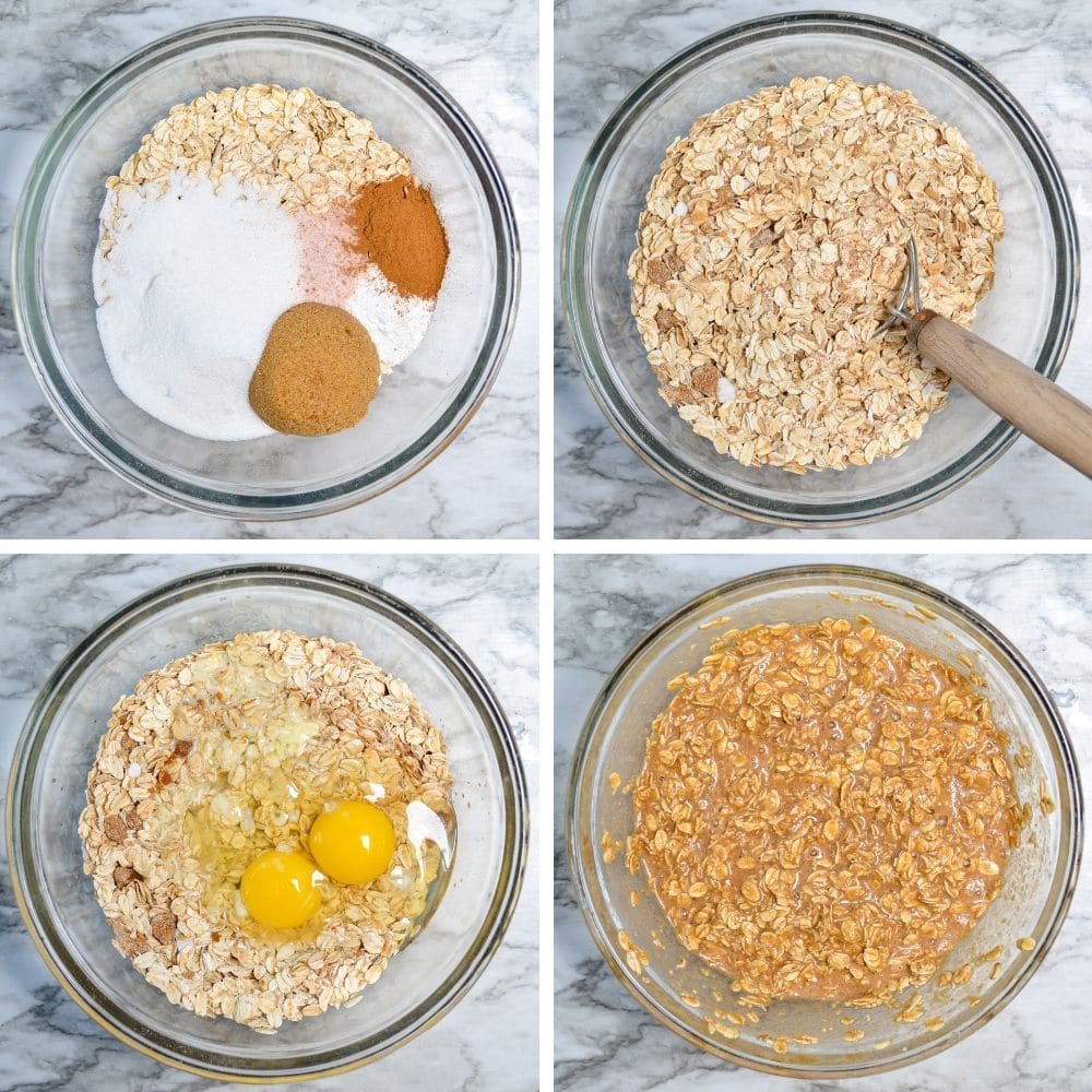 Combining oats with spices, sugar, and eggs to make baked oatmeal.