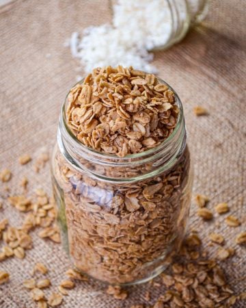 This Healthy Cinnamon Granola is made with oats, coconut oil, and maple syrup. No refined or artificial sweeteners, and absolutely delicious!
