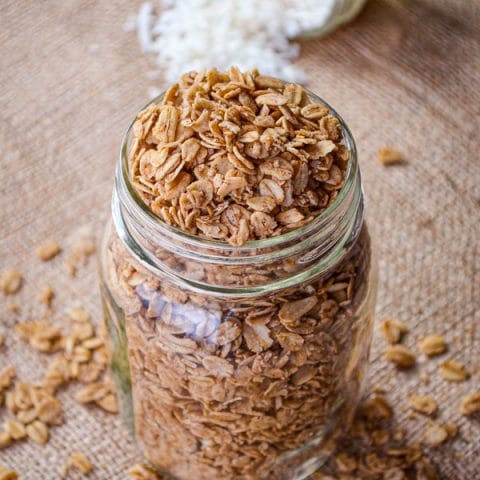 This Healthy Cinnamon Granola is made with oats, coconut oil, and maple syrup. No refined or artificial sweeteners, and absolutely delicious!