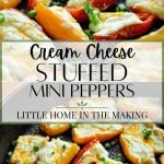 Mini rainbow peppers stuffed with a cream cheese and cheese mixture.