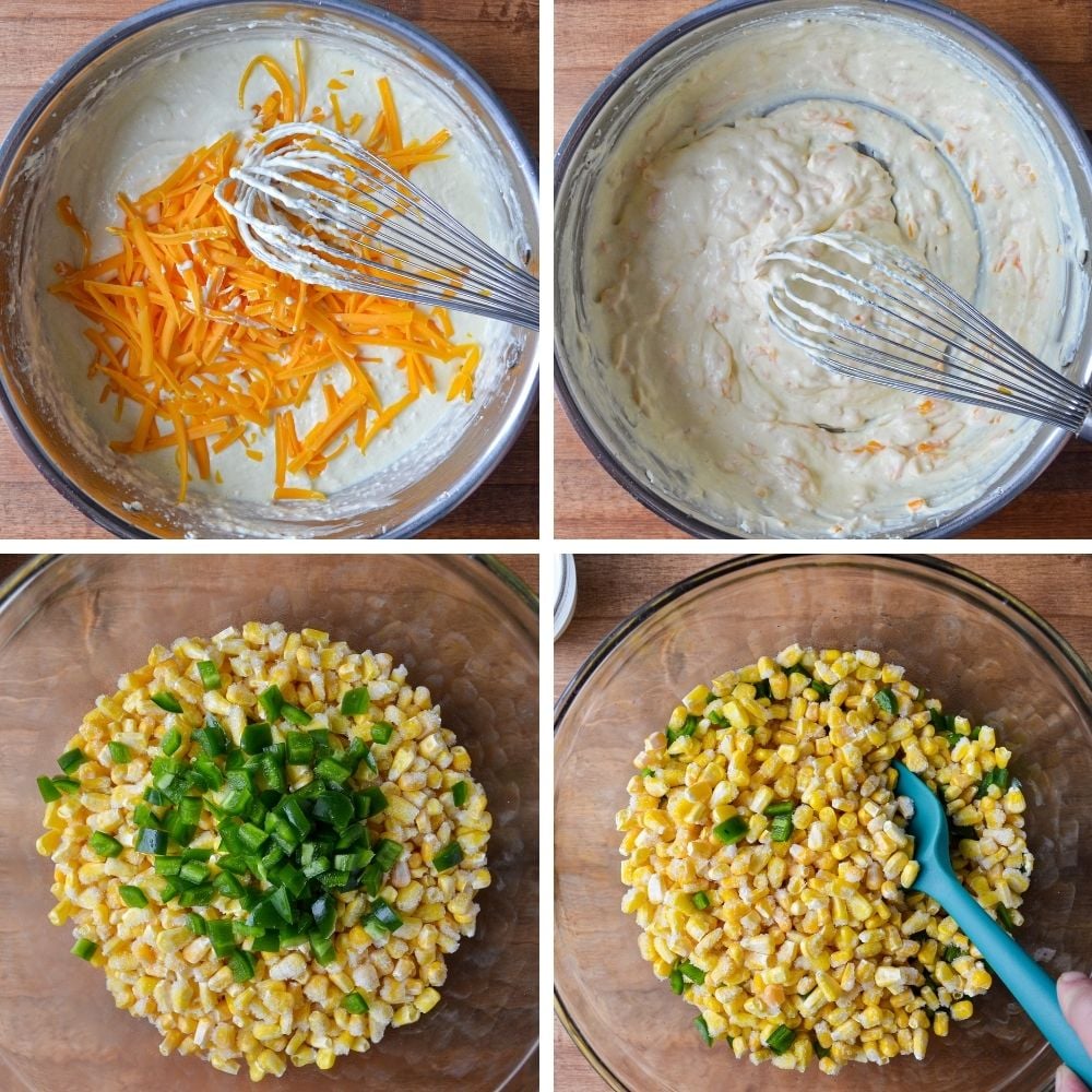 Adding cheese to a cream sauce, and combining frozen corn kernels with chopped jalapenos