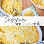 A large corn casserole with a spoon serving.