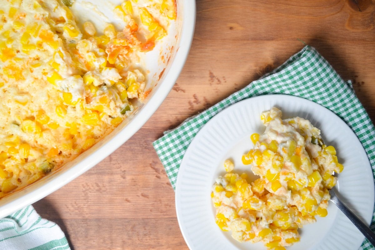 A small plate of corn casserole resting on a napkin.