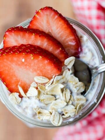 An overhead view of a jar of kefir overnight oats.