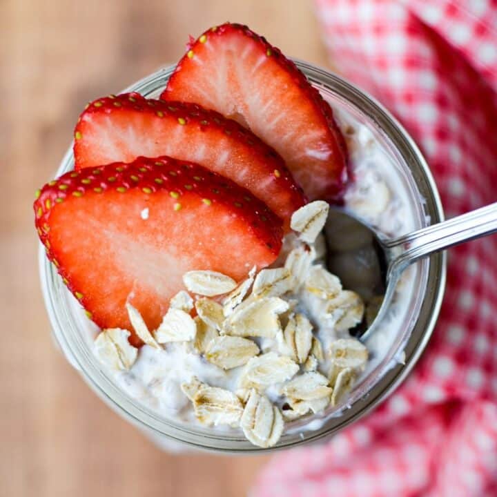 An overhead view of a jar of kefir overnight oats.