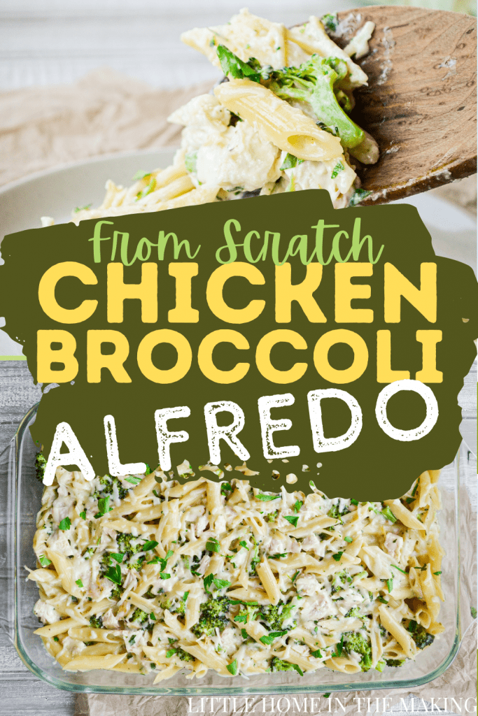 The top frame is a plate of chicken broccoli alfredo casserole being served by a wooden spoon. The bottom frame is an overhead shot of a chicken broccoli alfredo casserole. The text reads: From Scratch Chicken Broccoli Alfredo