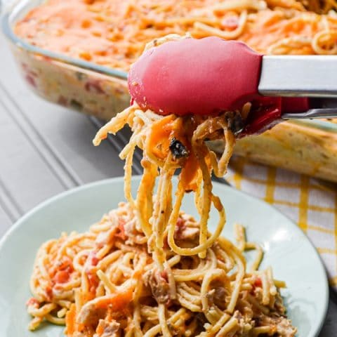 Chicken Spaghetti is a timeless comfort classic casserole. This is my spin on it, using just a little kick from Ro*Tel Tomatoes and chilies.