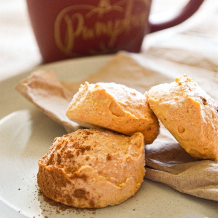 Pumpkin cheesecake bites, with a mug in the background.