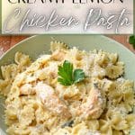 A bowl of farfalle with chicken and parsley.