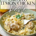 A bowl of creamy chicken pasta.
