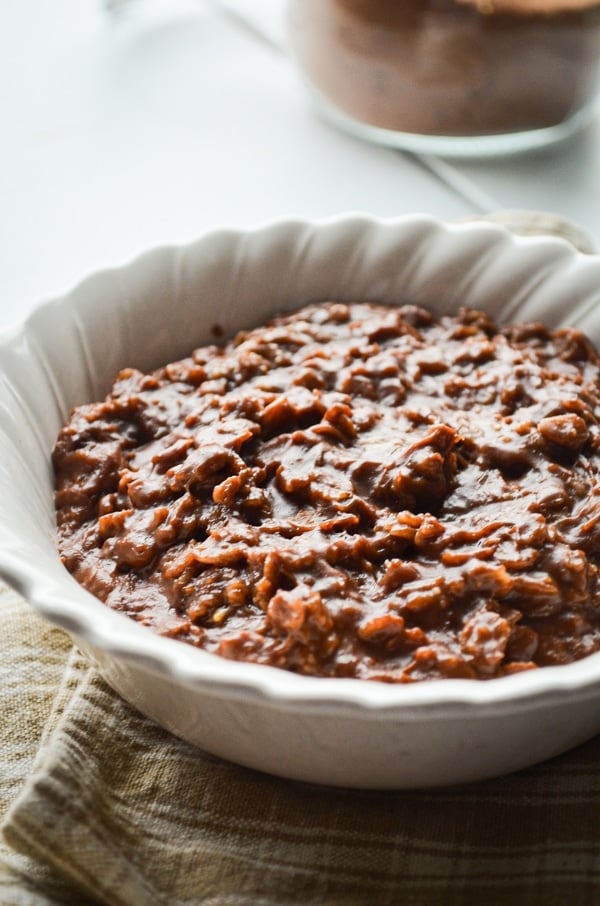 This Chocolate Peanut Butter Oatmeal is naturally sweetened with Maple Syrup and has a healthy dose of natural peanut butter for protein and flavor. This will be your new breakfast obsession!