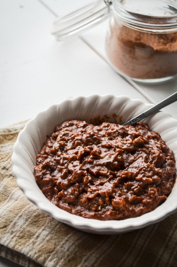 This Chocolate Peanut Butter Oatmeal is naturally sweetened with Maple Syrup and has a healthy dose of natural peanut butter for protein and flavor. This will be your new breakfast obsession!