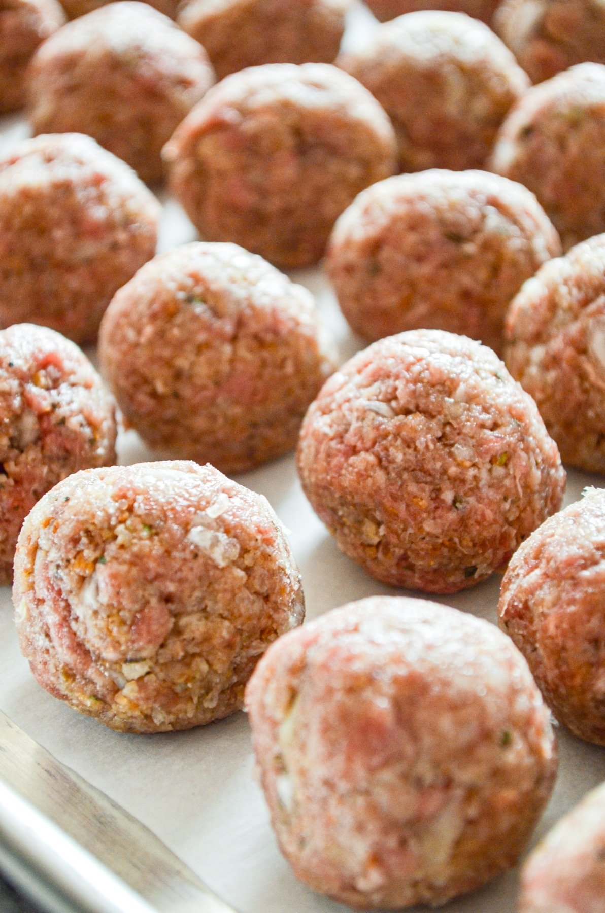 A tray full of meatballs.