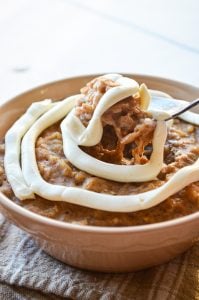 A spoon lifts a big spoonful of cinnamon roll oatmeal.