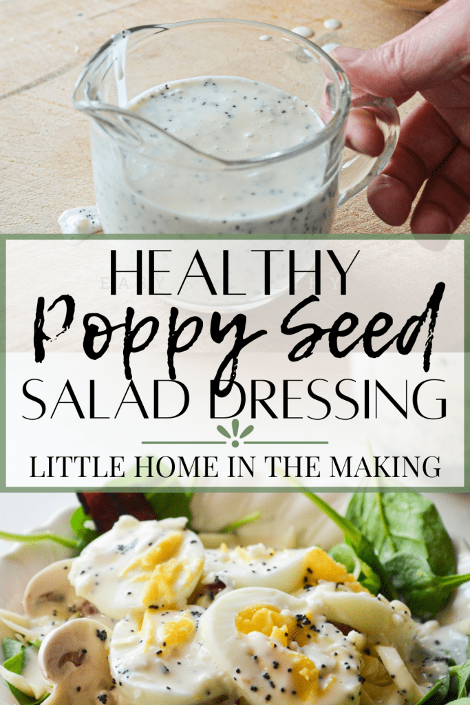 A small cruet of healthy poppy seed dressing in the top frame of the photo, and a delicious spinach salad covered in dressing on the bottom.