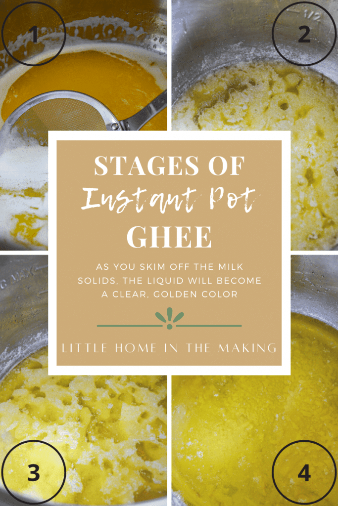 Four photos, each showing the different stages of clarifying butter.