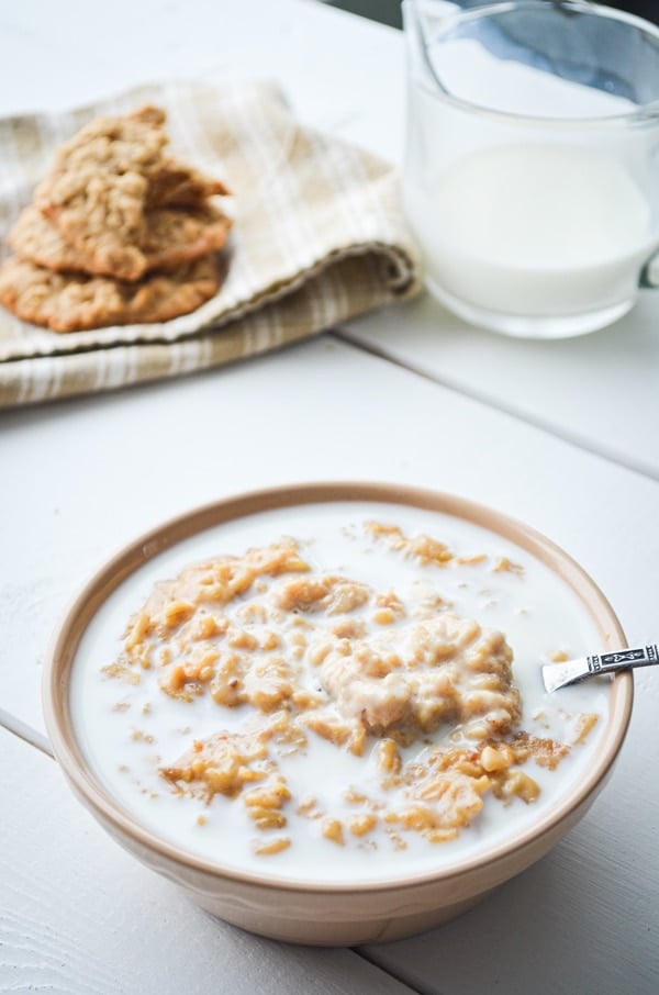 A bowl of peanut butter cookie oatmeal, served with plenty of milk.