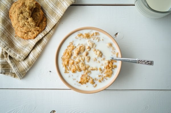A flat lay view of a bowl of peanut butter cookie oatmeal. Served with plenty of milk and peanut butter cookies on the side.