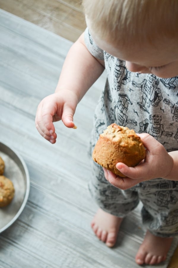 A toddler holding a sourdough discard muffin.