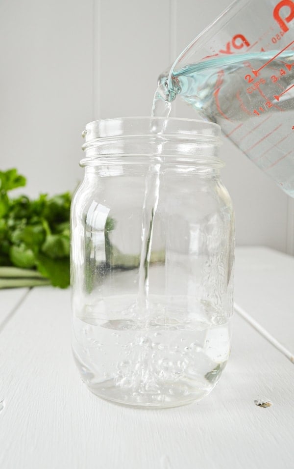 Pouring water into a glass jar.