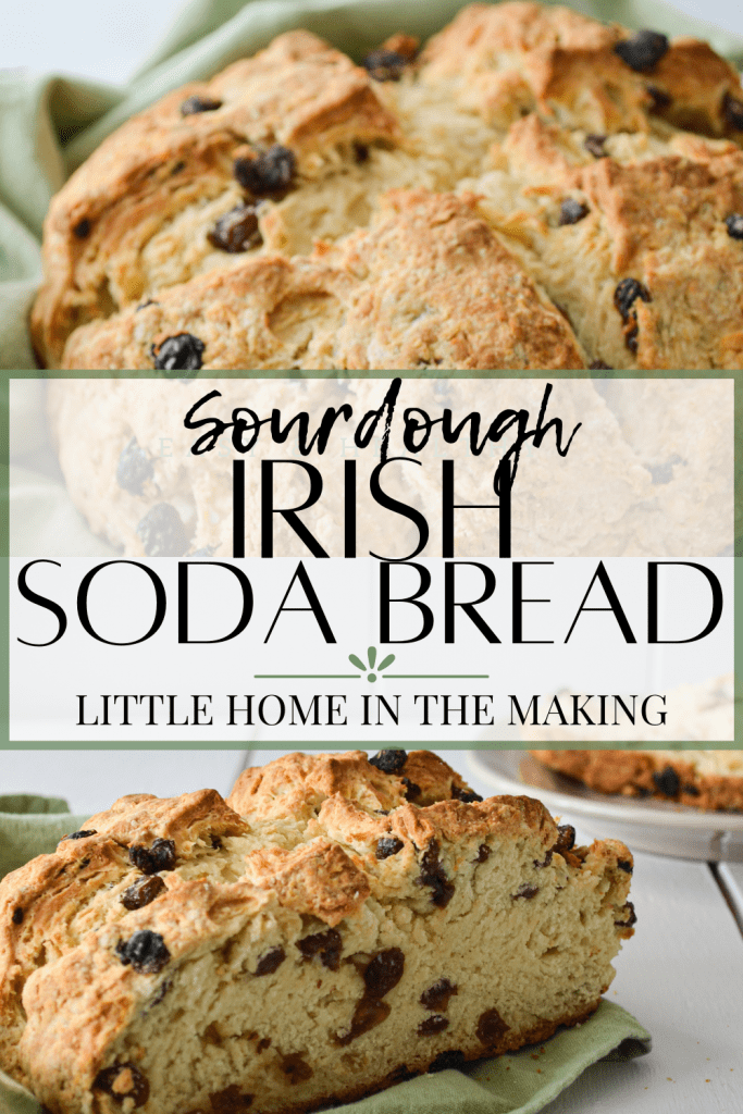 A loaf of crumbly bread, dotted with raisins. The text reads: Sourdough Irish Soda Bread.