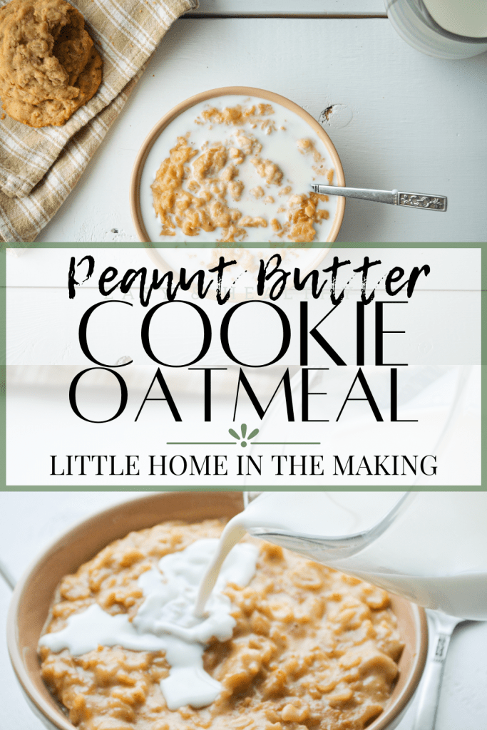 A bowl of peanut butter cookie oatmeal, served with milk poured on top. The text reads: "Peanut Butter Cookie Oatmeal" from Little Home in the Making