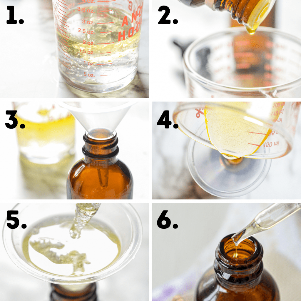 A group of 6 images, showing the steps of making a DIY facial serum. See the post for text descriptions of all 6 steps.