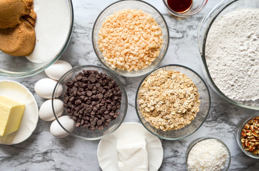 An overhead shot of the ingredients needed to make buffalo chip cookies.