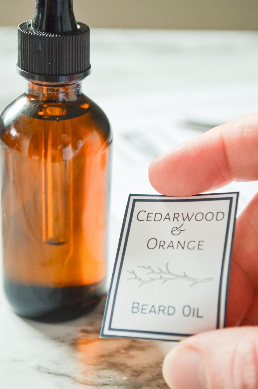 A label, ready to go on an amber glass bottle for Father's Day Beard Oil.