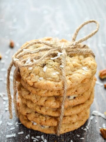 A stack of 6 cookies, tied with a piece of twine.