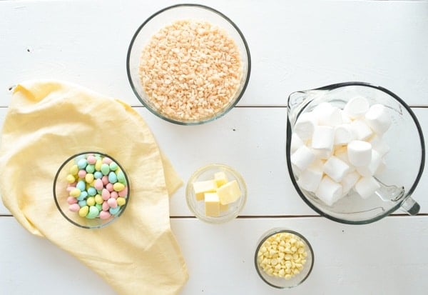 The ingredients needed to make Mini Egg Rice Krispie treats.