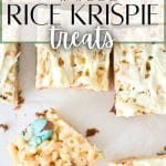 Squares of rice krispie treats, dotted with chocolate eggs.