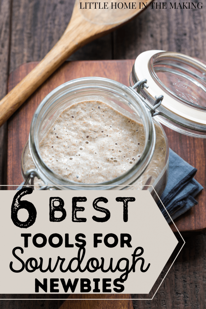 A small jar of sourdough starter. The text reads: 6 best tools for sourdough newbies.