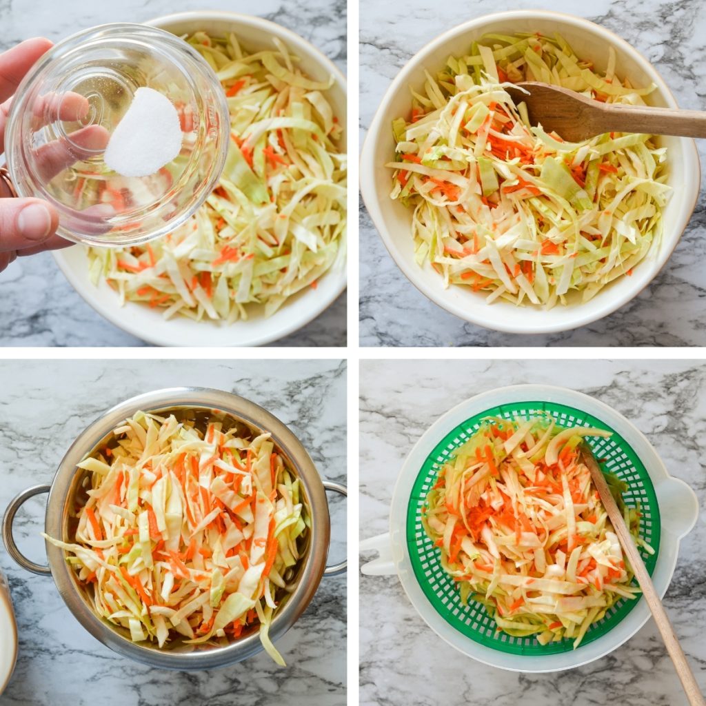 Four frames of the process of salting cabbage for using in coleslaw recipes. The first frame features a close up of a pinch bowl of salt, with the coleslaw below. The second image is a wooden spoon stirring the bowl of shredded cabbage and carrots. The third is the coleslaw mixture sitting in a colander. The fourth image is the coleslaw sitting in the basket of a large salad spinner.