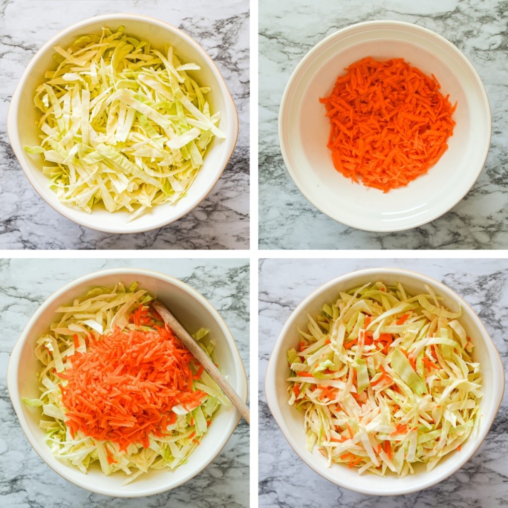 4 seperate frames. The first is shredded cabbage, the second shredded carrot. The third frame is the shredded carrot on top of the shredded cabbage, and the fourth is the two mixed together. 