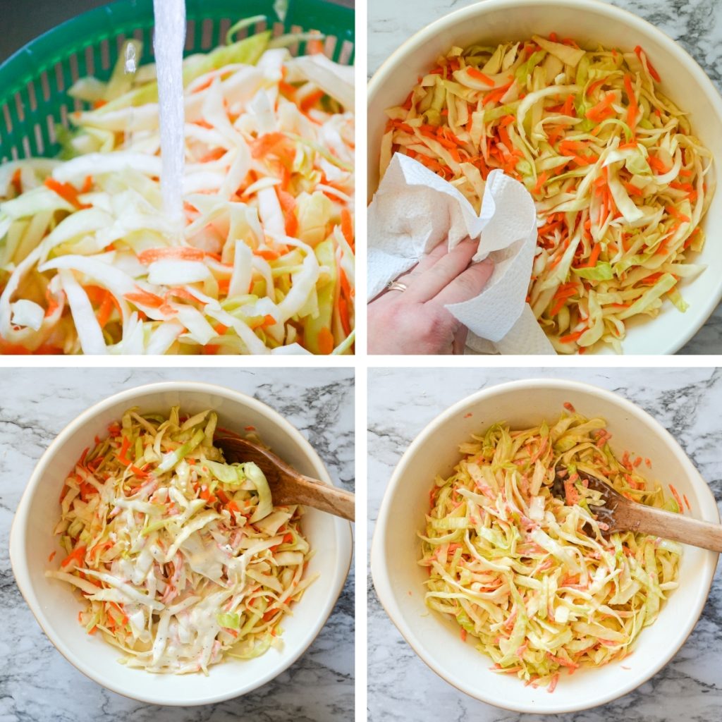 Four grids to show the rinsing process of salted cabbage. The first is the cabbage being rinsed off under the sink. The second is a large bowl being dabbed by paper towel. The third is dressing being added to the bowl. The fourth image is the dressing being tossed well to combine.