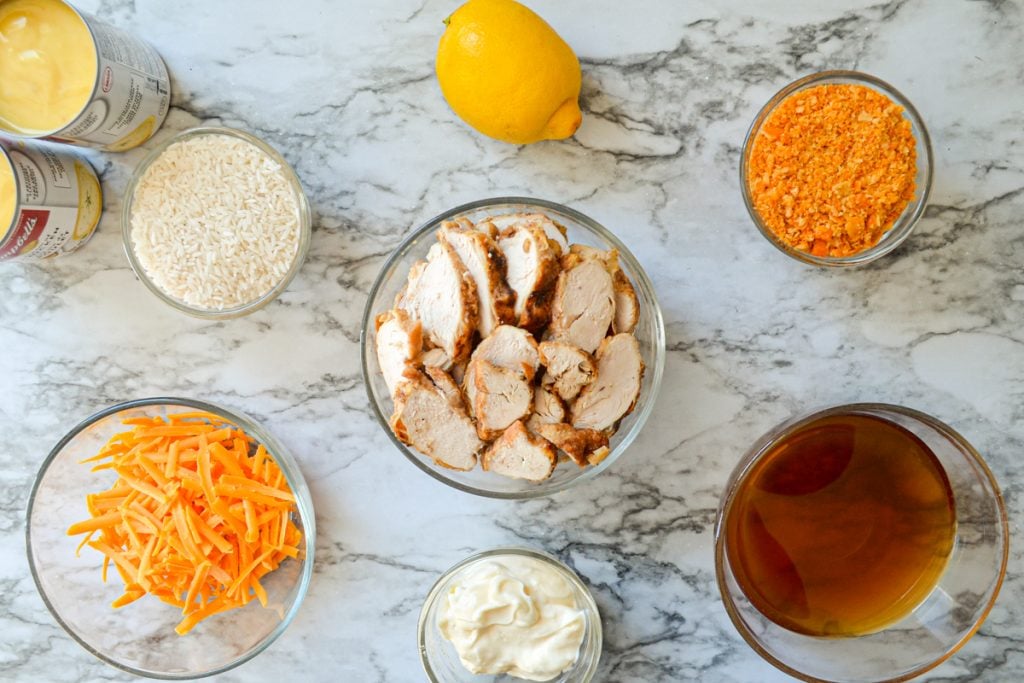 The ingredients needed to make chicken divine casserole.