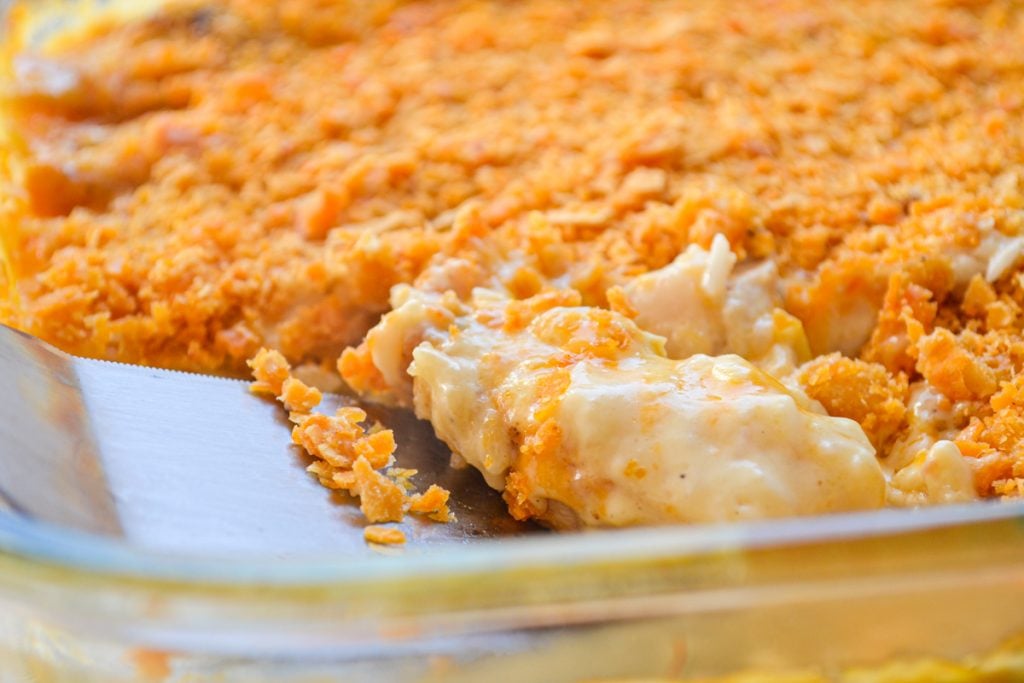 A close up of chicken divine casserole with a crushed cracker topping.