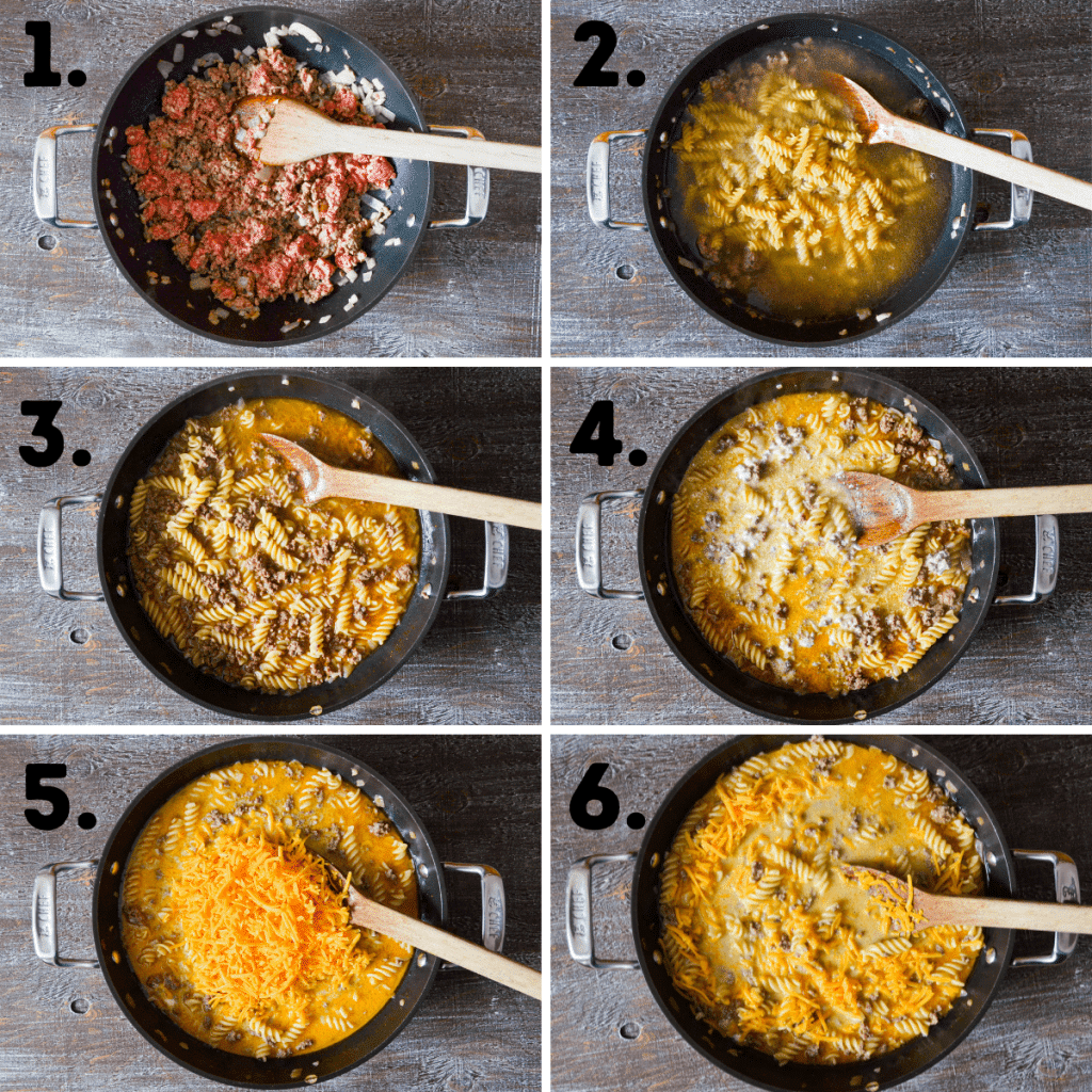 6 images of the process shots of making Grown up hamburger helper. See recipe for text explanations.