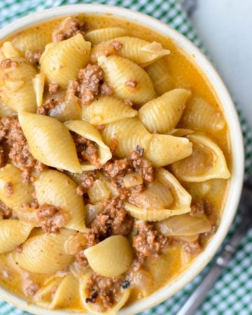 A bowl of homemade hamburger helper with beef and pasta