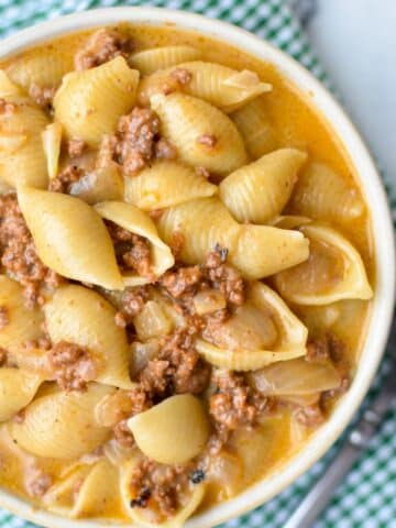 A bowl of homemade hamburger helper with beef and pasta