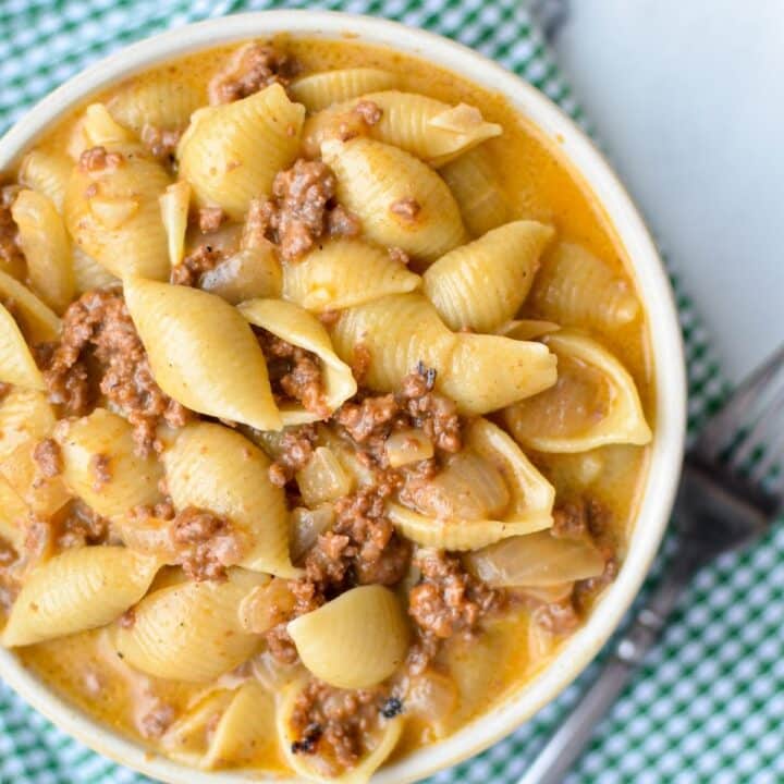 A bowl of homemade hamburger helper with beef and pasta