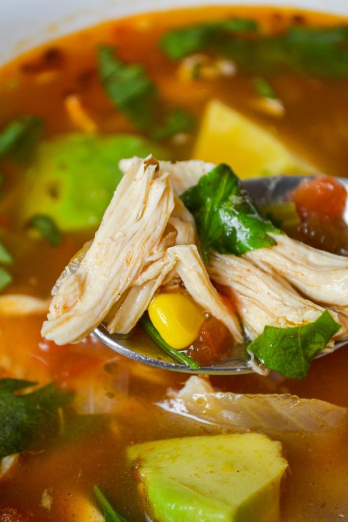 A close up of a spoonful of healthy mexican chicken soup. Chicken, cilantro, and corn are some of the key ingredients.