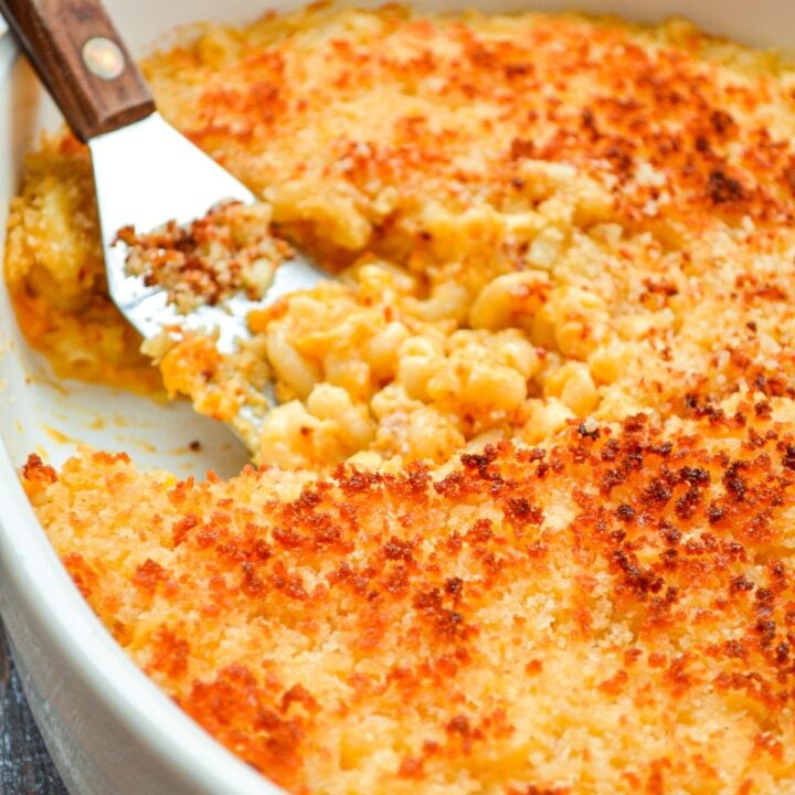 A baking dish of homemade macaroni and cheese.