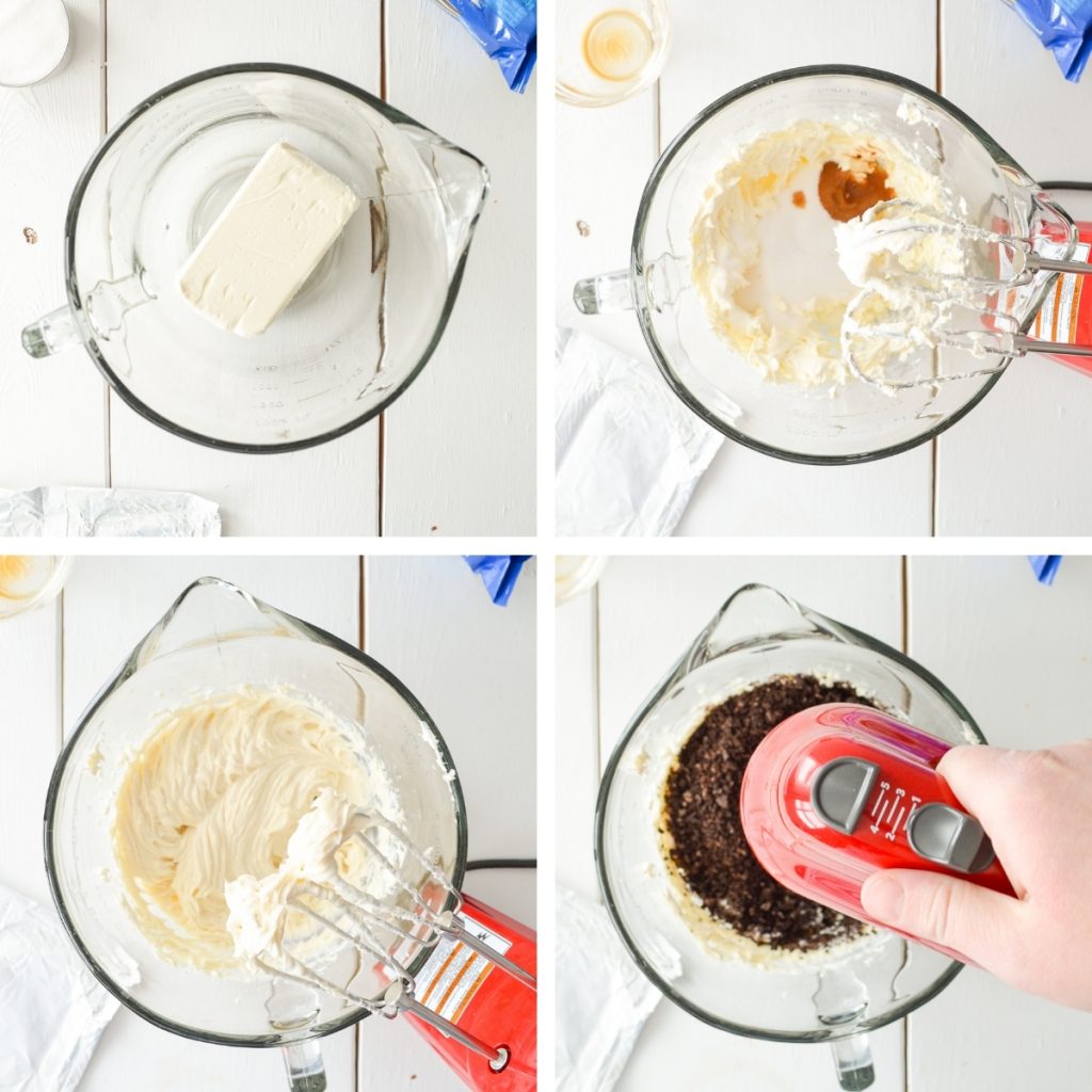 A grid of four photos, detailing the process of making no bake Oreo Cheesecake Bites.